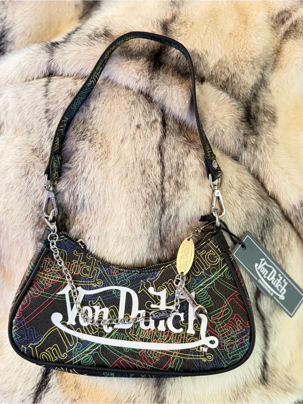 Von Dutch Neon Outline Logo Shoulder Bag with Chain and Wrench Charm